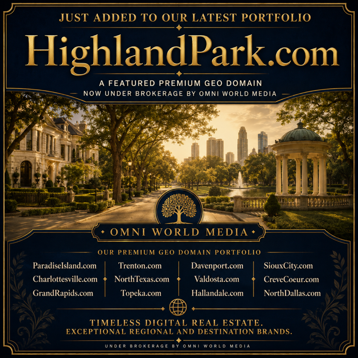 HighlandPark.com — this domain name is available for immediate acquisition. Exclusively listed at Omni World Media. Direct all inquiries to FM@OmniWorldMedia.com.